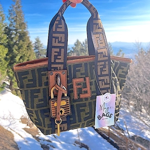 Fendi: Mini Padlock & Key Zucca FF Monogram Nylon Leather Brown Tote Bag *RARE* - Picture 9 of 17